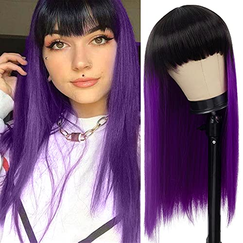 Baruisi Long Straight Black Purple Wigs with Bangs for Women Synthetic Silk Heat Resistant Full Wig for Daily Party Use