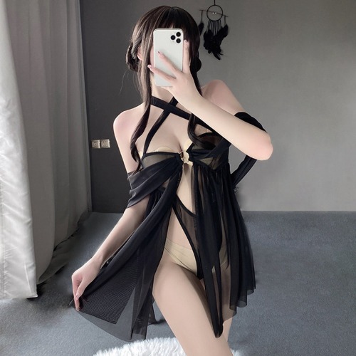 Sheer Mesh Halter Babydoll Lingerie. - Black / M