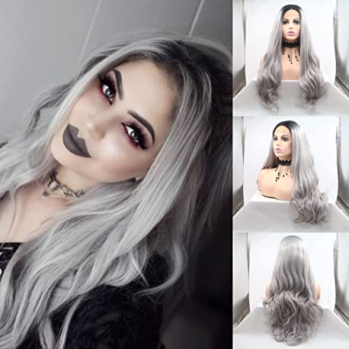 RainaHair Ombre Gray 2 Tones Synthetic Lace Front Wig Dark Roots Long Loose Wave Silver Grey Replacement Hair Wigs For Women Heat Resistant Fiber Hair 24 Inch
