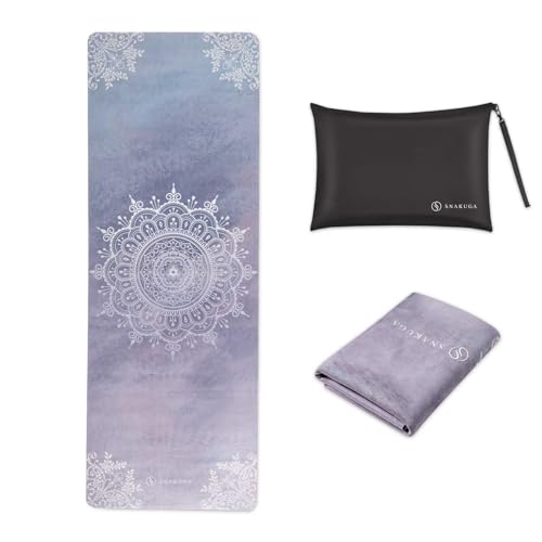 SNAKUGA Travel Yoga Mat, Non Slip Exercise Suede Mat with Carry Bag, All-Purpose Fitness Mat with High Density Anti-Tear Surface for Women, Ideal for Pilates Workout (72'' x 26'' x 1.5mm Thick) - Purple Mandala
