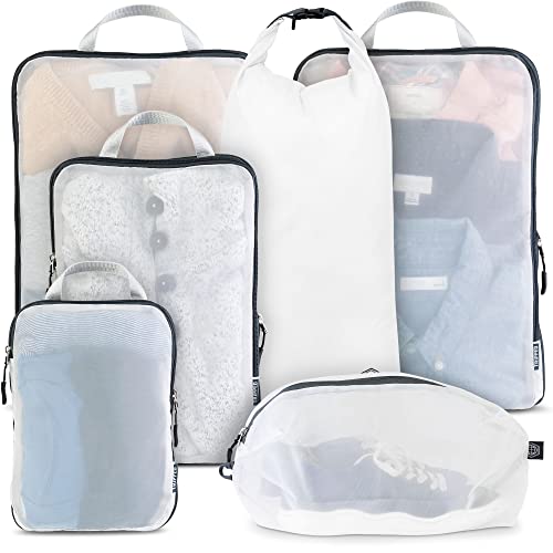 Large Packing Cube Set with See Through Mesh- Compression Packing Cubes Travel Organizers (White) - White