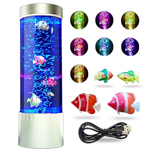 Brewish Bubble Fish Lamp | Desktop Sensory LED Bubble Lamp | Color Changing Aquarium lamp | Artificial Fish Tank with Moving Fish, Sea Horse, Jellyfish | Gift for Kids, Adults, ADHD & Autism