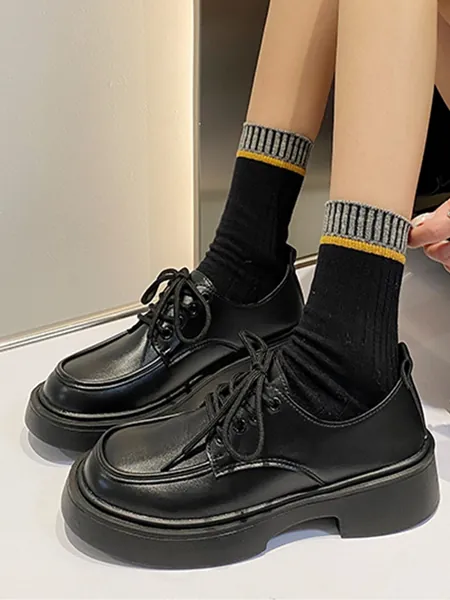 Women Oxfords, Lace-up Front Flatform Preppy Shoes Black