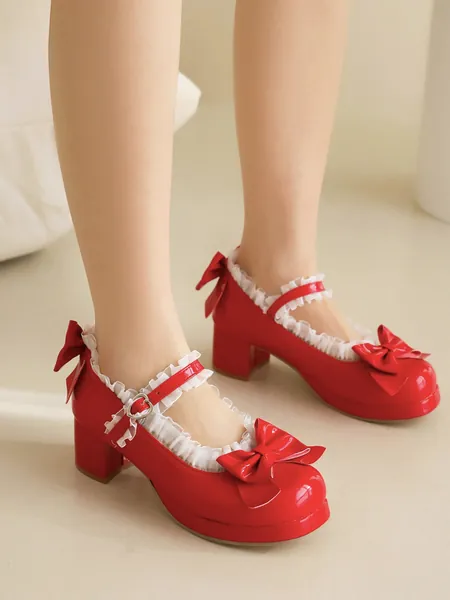 Women Bow Decor Frill Trim Chunky Heeled Mary Jane Pumps Preppy Red Pumps