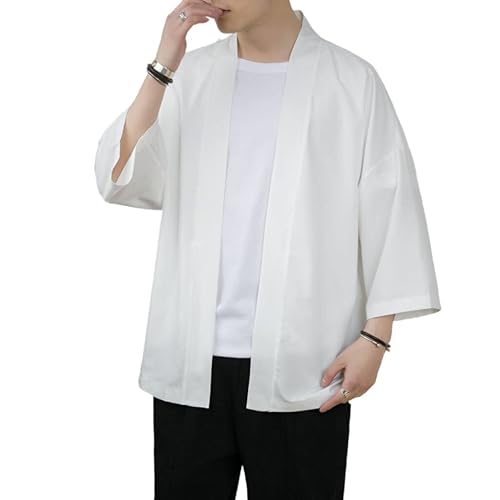 Japanische Haori-Jacke für Herren, Kimono, Noragi, Cardigan, 3/4-Ärmel, lässiger Happi-Mantel - M1-weiß - XL