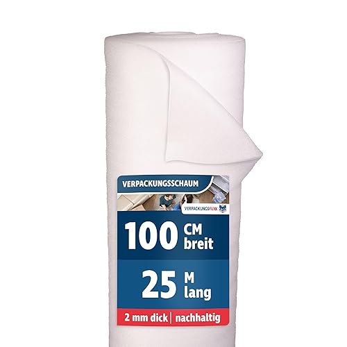 Verpackungsschaum Rolle 1m x 25m | 25m² Verpackungsmaterial 2mm PE-Schaum | Ideales Füllmaterial für Pakete & Umzugsmaterial als Möbelschutz | Schaumfolie als Polstermaterial - 25 m²