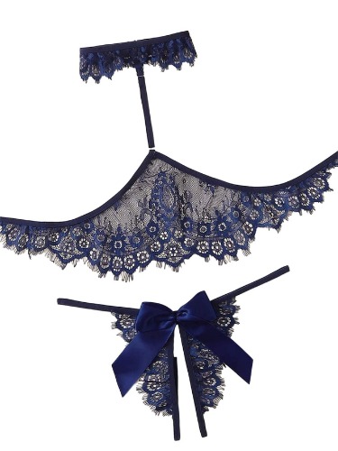 Lilosy Sexy Bow Choker Halter Floral Lace Sheer Lingerie Set for Women See Through Bra and Panty 2 Piece - Medium Navy Blue