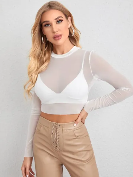 SHEIN BAE Sheer Mesh Long Sleeve Crop Top Without Bra