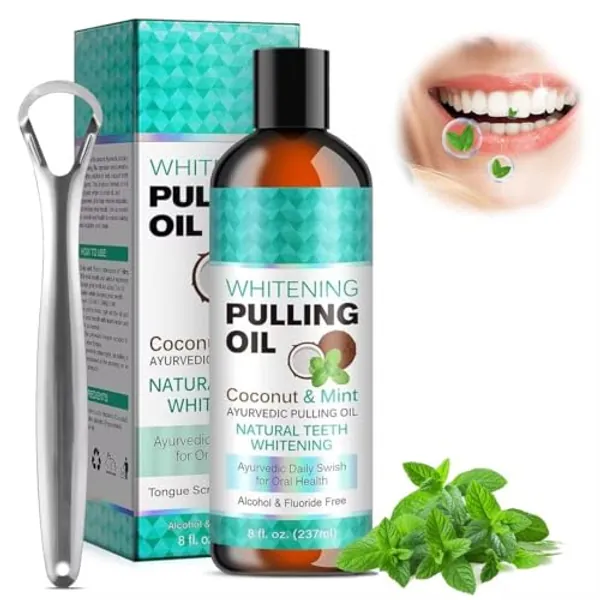 Aufhellendes Öl Mundspülung,Mundziehöl mit Kokosnuss Pfefferminzöl Ayurvedische Mundspülung Natural Teeth Whitening Mouthwash 237ml
