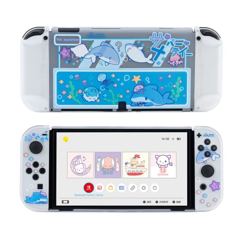 GeekShare Protective Case Slim Cover Case Compatible with Nintendo Switch OLED Console and Joy-Con, Shock-Absorption and Anti-Scratch Cover Skin for Switch OLED 2021- Shark Party (Clear) - For Switch OLED Model