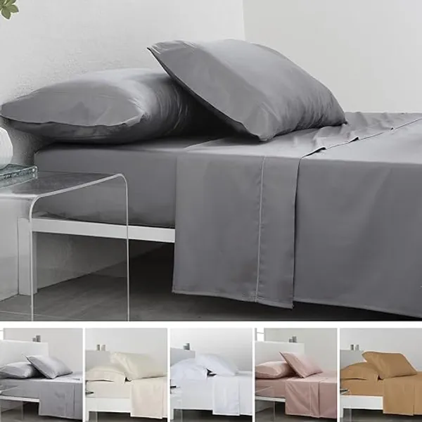 COTTON ARTean Juego de sabanas de Saten Algodon Egipcio DE 300 Hilos Gris Cama de 150 x 190/200. 100% Algodon Egipcio Gris. - Cama 150 X 190/200 - Gris