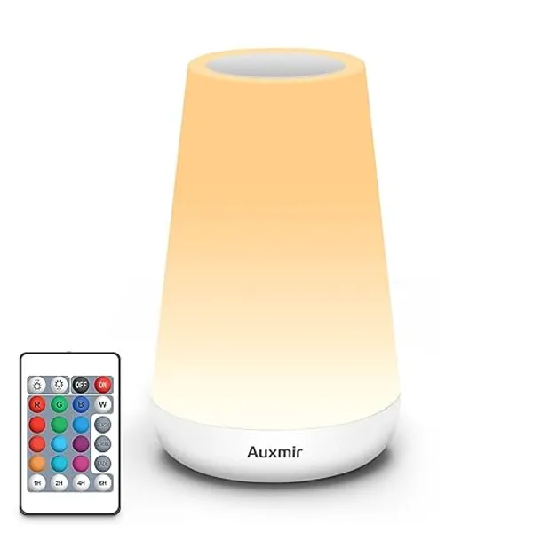 Auxmir Lámparas de Mesita de Noche, Recargable 1800mAh con USB, Luz Nocturna LED sin Cable, Control Remoto y Táctil, Temporizador, 13 Colores de Luz, para Dormitorio Quitamiedos, Blanco - Blanco