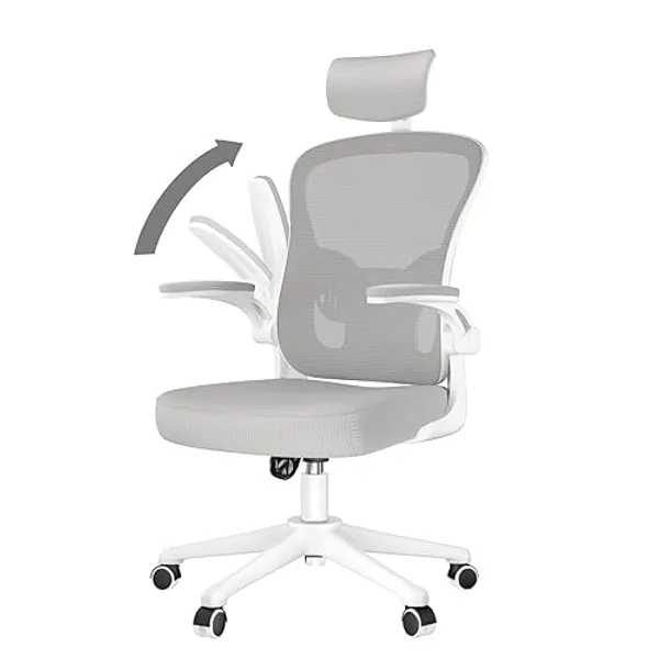 naspaluro Silla de Oficina Ergonómica, Silla de Escritorio con Soporte Lumbar, Reposacabezas Ajustable, Reposabrazos Abatibles, Silla Giratoria con Respaldo Transpirable, Gris - Gris - Con Reposacabezas