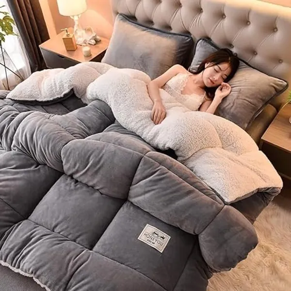 Edredón De Lana De Doble Cara Grueso Y Cálido, Edredón De Tela De Terciopelo De Cordero, Edredón De Cachemira Cálido, Edredón De Invierno Con Núcleo Grueso, Manta De Cachemira Gruesa(Light gray,2.2x2. - 2.2x2.4m 5kg - Light Gray