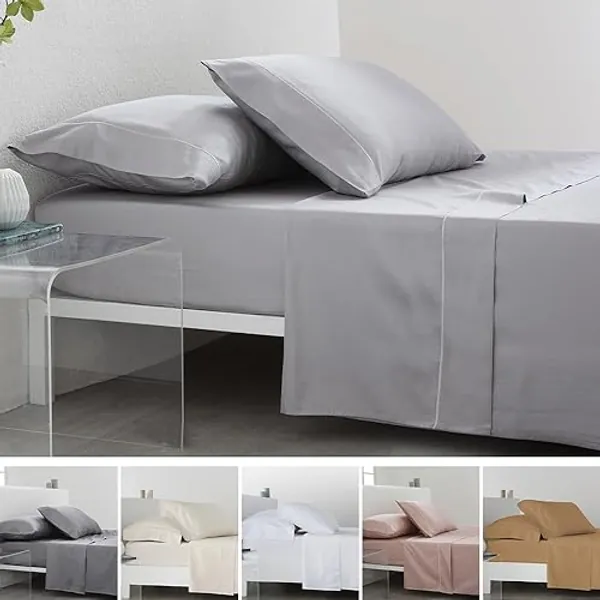 COTTON ARTean Juego de sabanas de Saten Algodon Egipcio DE 300 Hilos Gris Perla Cama de 150 x 190/200. 100% Algodon Egipcio Gris. - Cama 150 X 190/200 - Gris Claro