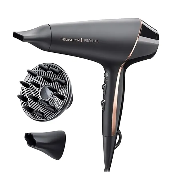 Remington Secador de Pelo Profesional PROluxe Midnight Edition - 2400 W, Iónico, Tecnología OPTIHeat, Sin Encrespamiento, Motor AC, Difusor y Concentrador, 3 Temperaturas, 2 Velocidades - AC9140B