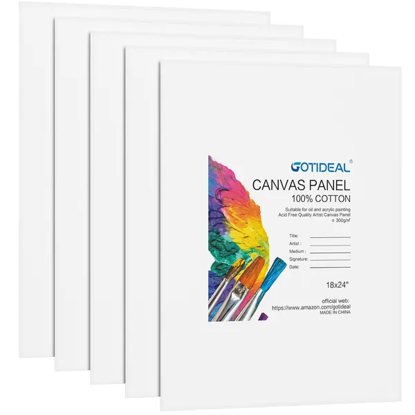 GOTIDEAL Canvases for Painting, 18x24" inch of 5 Pack, Professional Primed White Blank Flat Canvas Panels- 100% Cotton Artist Canvas Boards for  Acrylics Painting, Oil Watercolor Tempera