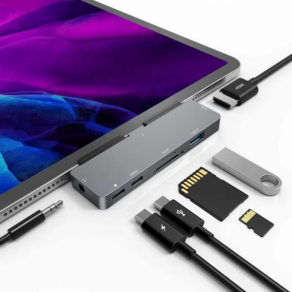 iPad Pro USB C Hub, 7-in-1 Adapter for iPad Pro 2021 2020 12.9 11 inch iPad Air 5 4 Docking Station with 4K HDMI, USB-C PD, SD/TF Card Reader, USB 3.0, 3.5mm Headphone Jack, iPad Mini 6 Accessories