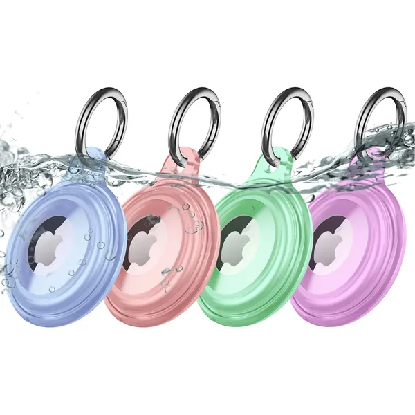 4 Pack IPX8 Waterproof AirTag Keychain Holder Case, Lightweight , Anti-Scratch, Easy Installation,Soft Full-Body Shockproof Air Tag Holder for Luggage,Keys, Dog Collar (Blue+Pink+Purple+Mint Green) …