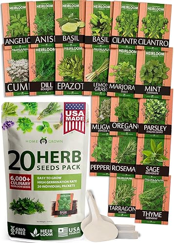 HOME GROWN 20 Culinary Herb Seed Vault - Heirloom and Non GMO - Seeds for Planting for Indoor or Outdoor Herbs Garden, Basil, Cilantro, Parsley, Chives, Lavender, Dill, Marjoram, Mint, Rosemary, Thyme - 20 Herb