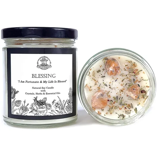 Blessing Affirmation Candle: 8 oz Natural Soy with Sunstone Crystals, Herbs & Essential Oils for Prosperity, Peace, Good Fortune, Well-Being & Spirituality for Wiccan, Pagan & Magick Rituals