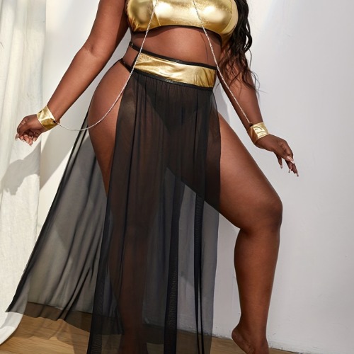 Women's Erotic Costumes Set, Plus Size Mesh Metallic Panel Chain Detail Halter V-string Prisoner Role-playing Lingerie Set for Music Festival