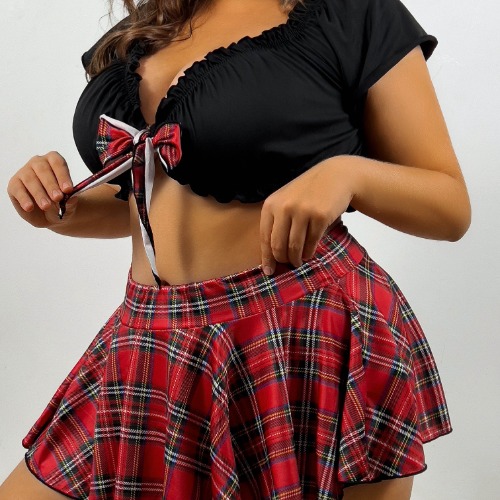 Women's Plus Preppy Costumes, Plus Size Plaid Bow Tie Frill Trim Crop Top &amp; Thong &amp; Pleated Mini Skirt Cosplay 3 Piece Set