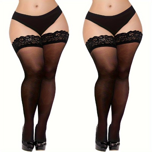 2 Pairs Women's Plus Sexy Thigh High Stockings, Plus Size Hot Lace Top Sheer Mesh Over The Knee Socks