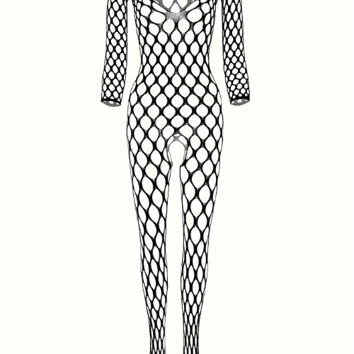 Plus Size Sexy Lingerie Bodystocking, Women's Plus Hollow Large Mesh Off Shoulder Crotchless Sheer Bodysuit