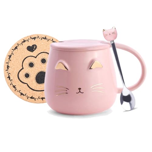 Pink Ceramic Coffee Mug Cute Cat Cup Handmade Tea Cups with Stainless Steel Spoon Kitty Cup,Hot Chocolate Novelty Mugs Christmas Birthday Gift for Girls Women (Pink) - Pink