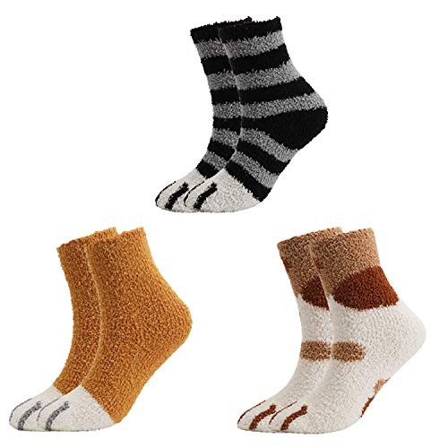 QKURT 3 Pairs Slipper Socks for Women Girl, Winter Indoor Socks Fuzzy Fluffy Home Socks Soft Cat Cute Sleeping Socks