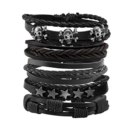MILAKOO Leather PU Braided Bracelets for Men Women Skull Black Wristband Halloween Punk Enthusiasts - A1
