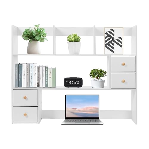 Desktop Bookshelf, Adjustable Desk Hutch Organizer with 8 Shelves & 4 Drawers, Extendable Desk Storage Organizer, Desktop Shelves Rack Top Bookcase for Home Office (White) - White