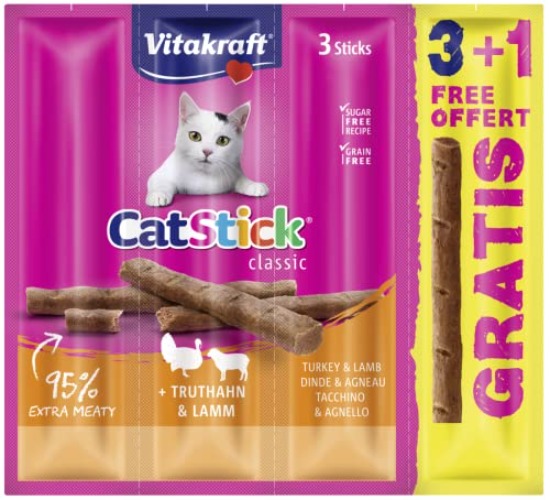 Vitakraft Cat Stick – Katzensnack mit Truthahn und Lamm, 20 x 4 Sticks - Truthahn/Lamm - 4 stück (20er Pack)