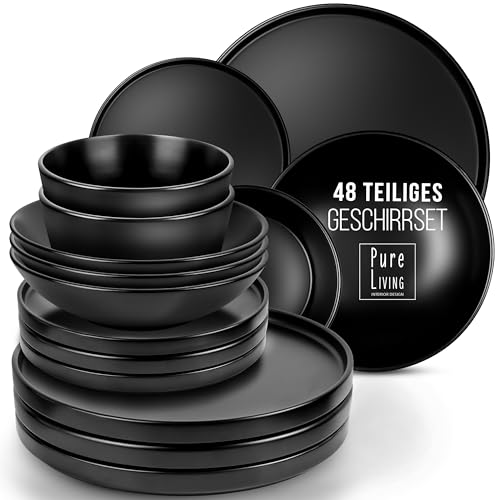 Schwarzes Geschirrset 12 Personen Manhattan 48-tlg. - Urban Style Steingut Geschirr schwarz matt Mikrowellenfest - Geschirrset schwarz - Teller Set - Schwarzes Geschirr Set Dinner Tafelservice - 48 Teile Set