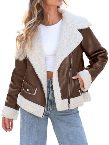 AUTOMET Womens Faux Shearing Fur Leather Jackets Thick Fur Lined Lapel Zipper Bomber Aviator Coat Winter Clothes - Medium - Brown