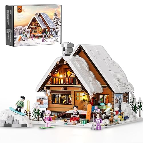 FUNWHOLE Christmas Ski-Cabin Lighting Building-Bricks-Set - Retro Christmas Winter Snow House Collection LED Light Building Construction Holiday Model Set 2187 Pcs for Adults and Teen