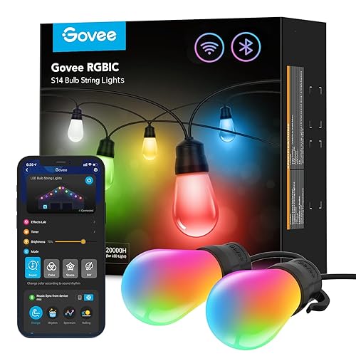 Govee Smart Outdoor String Lights, RGBIC Warm White 48ft LED Bulbs for Christmas Decorations, WiFi Patio Lights Work with Alexa, APP Control, IP65 Waterproof, Dimmable for Balcony, Backyard - 48ft