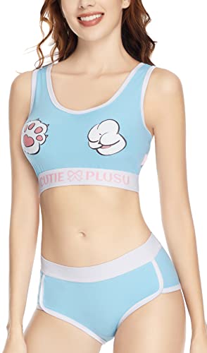 CutiePlusU Women Cotton Unlined Bralette Set- Lovely Cat's Paws - Skyblue - Small