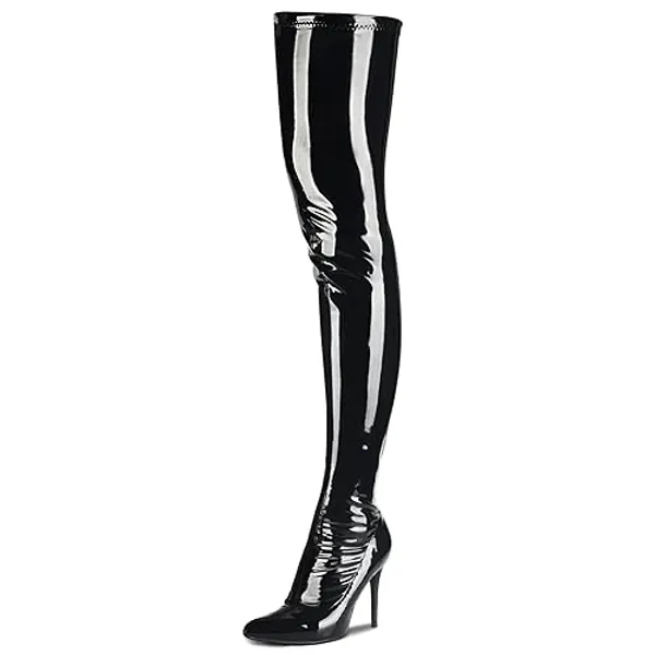 Women's Patent Leather PU Thigh High Boots Pointy Toe Side Zippe Fashion Comfy Sexy Stiletto High Heel Over The Knee Boots - 8.5 - Black