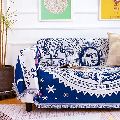 MayNest Boho Woven Throw Blanket Reversible Cotton Bohemian Tapestry Hippie Room Decor Witchy Astrology Zodiac Celestial Constellation Carpet Bed Chair Couch Sofa Cover Double Sided (Blue, L: 91x71) - Blue - L (L91" x W71")