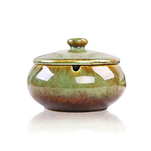 Lependor Ceramic Ashtray with Lids, Windproof, Cigarette Ashtray for Indoor or Outdoor Use，Ash Holder for Smokers,Desktop Smoking Ash Tray for Home Office Decoration - Green - Green