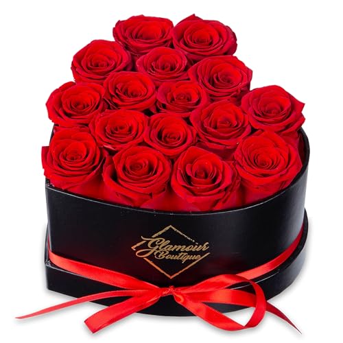 GLAMOUR BOUTIQUE 16-Piece Forever Flowers Heart Shape Box - Preserved Roses, Immortal Roses That Last A Year - Eternal Rose Preserved Flowers for Wife, Mothers Day & Valentines Day Gift for Her - Red - 16 Roses - Red 16 Roses