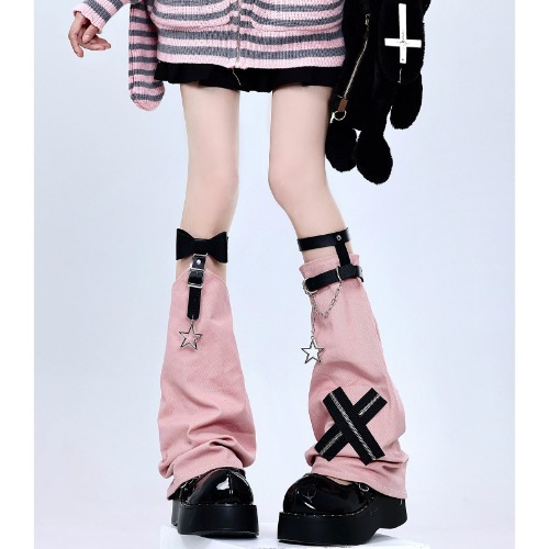 Y2K Leg Cover Cross Chain Leather Buckle Leg Warmer | Pink / Free size