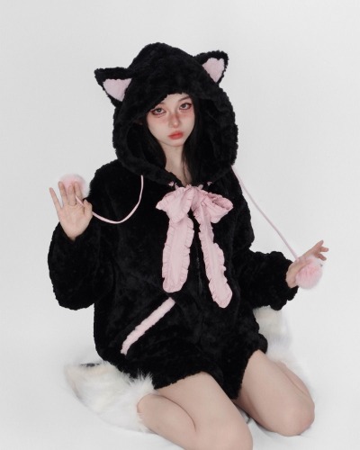 Fuzzy Neko Pompom Hooded Coat - Black / M