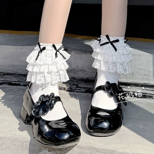 White Lolita Socks Bow And Lace Mid-Calf Cotton Socks | White / Free size
