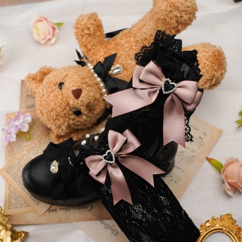 Jirai Kei Socks Kawaii Socks Bowknot Lace Mid-Calf Socks | Free size / Black pink