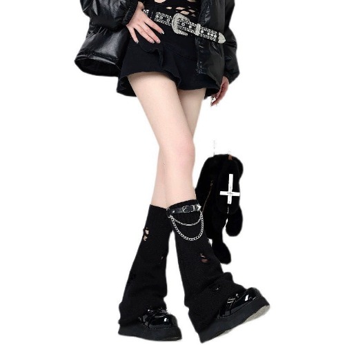 Y2K Leg Warmers Mid-Calf Knit Socks Flared Leg Covers | Free size / Black leg cover one piece and buckle strap