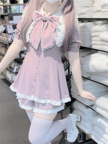 Jirai Kei Dress Set Lace Short-sleeved Dress And Shorts | M / Pink and white set