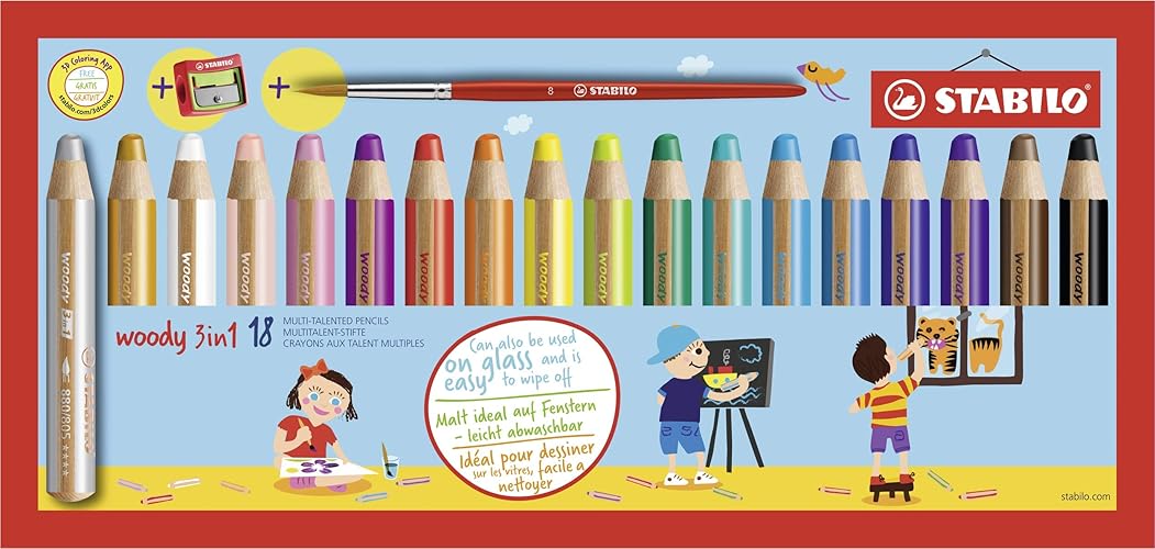 STABILO woody 3in1 - Crayon de couleur - Etui carton x 18 crayons de coloriage + taille-crayon + pinceau rond - Etui x 18 + taille crayon + pinceau